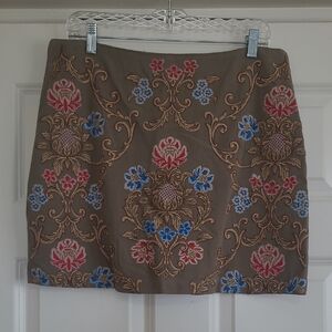 Umgee Tan Linen-blend Mini Skirt with Floral Embroidery - Size L